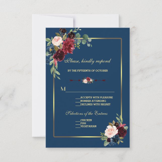 Cartons Réponse Mariage floral bordeaux bleu marine doré (Devant)