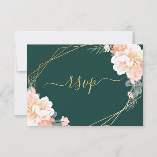 Cartons Réponse Mariage floral chic émeraude vert brun or