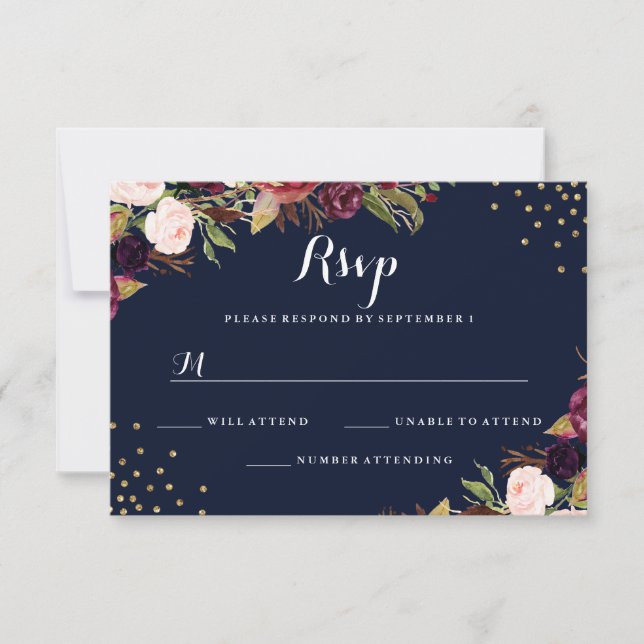 Cartons Réponse Mariage floral Confetti Gold de la marine de Bourg (Devant)