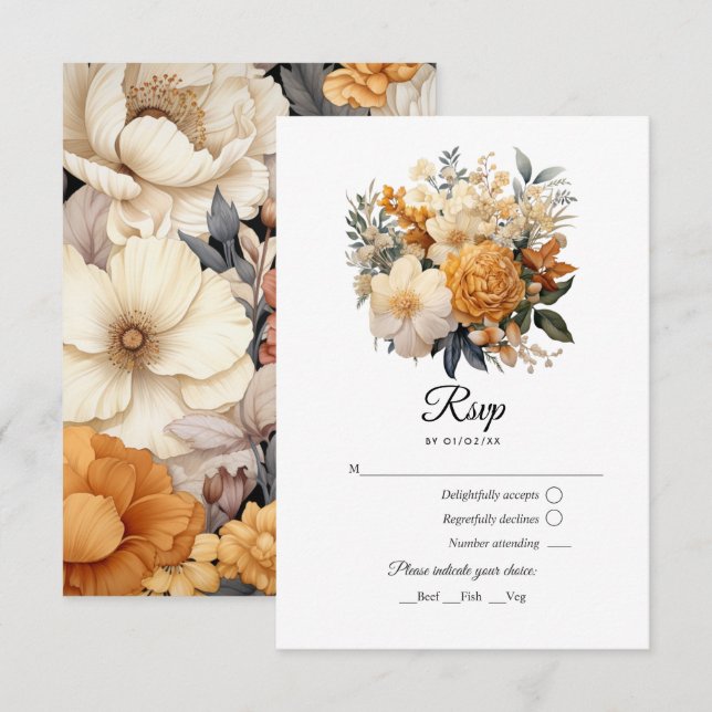 Cartons Réponse Mariage floral couleur champagne (Devant / Derrière)