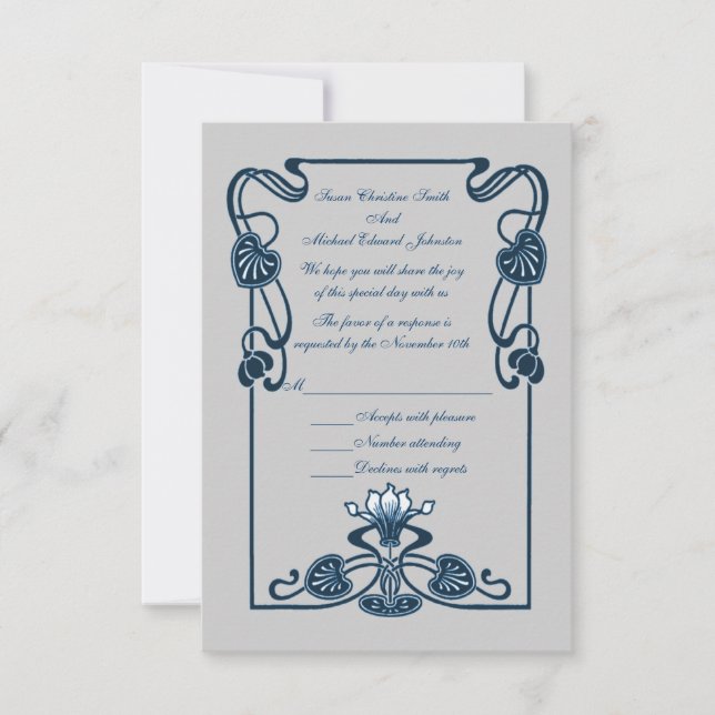 Cartons Réponse Mariage floral d'argent bleu (Devant)