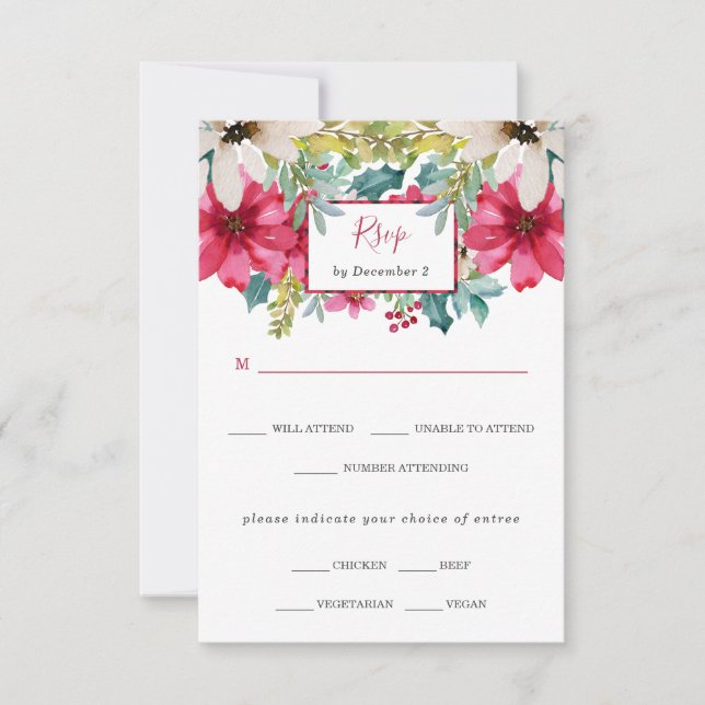 Cartons Réponse Mariage floral de Noël | Choix de repas (Devant)