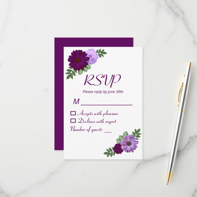 Cartons Réponse Mariage floral de pivoine violette (Devant/Arrière en situation)