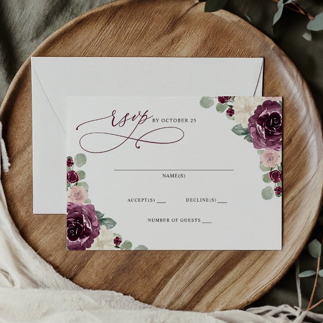 Cartons Réponse Mariage floral de prune moderne élégante (Elegant Modern Botanical Plum Floral Wedding RSVP Card)