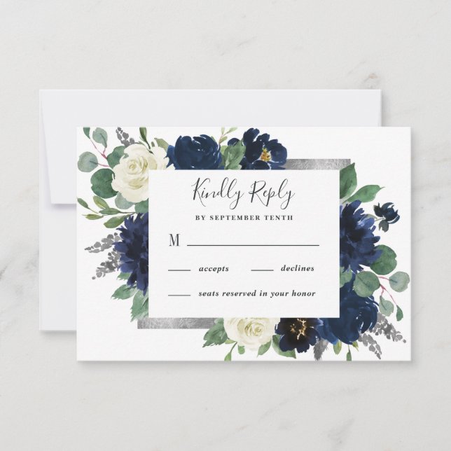 Cartons Réponse Mariage floral d'ivoire élégant bleu marine et arg (Devant)