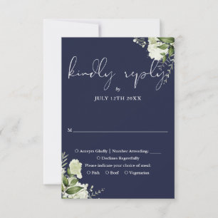 Cartons Réponse Mariage floral élégant au bleu marine et verdure