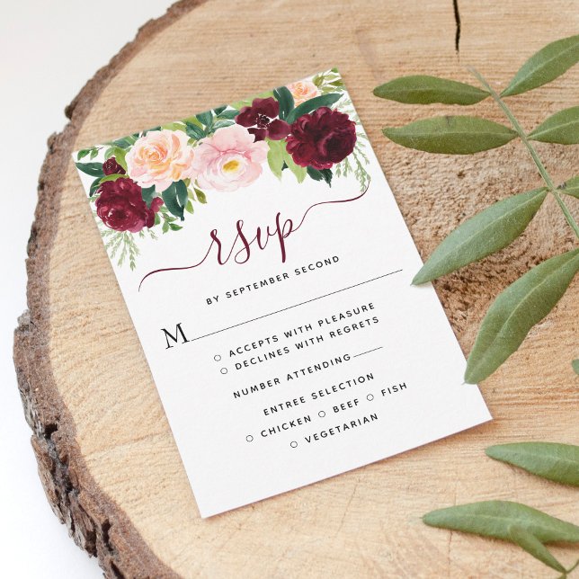 Cartons Réponse Mariage Floral Élégant Bourgogne et Rose (Créateur téléchargé)