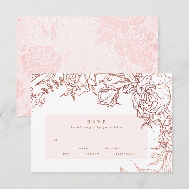 Cartons Réponse Mariage floral élégant en cuivre or Rose Blush (Devant / Derrière)