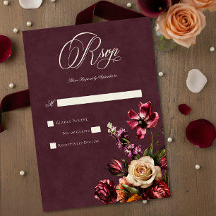 Cartons Réponse Mariage Floral Élégant et Sombre de Bourgogne en A