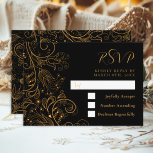 Cartons Réponse Mariage floral élégant or et noir