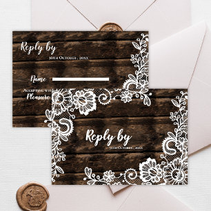 Cartons Réponse Mariage floral en bois rustique et dentelle blanch