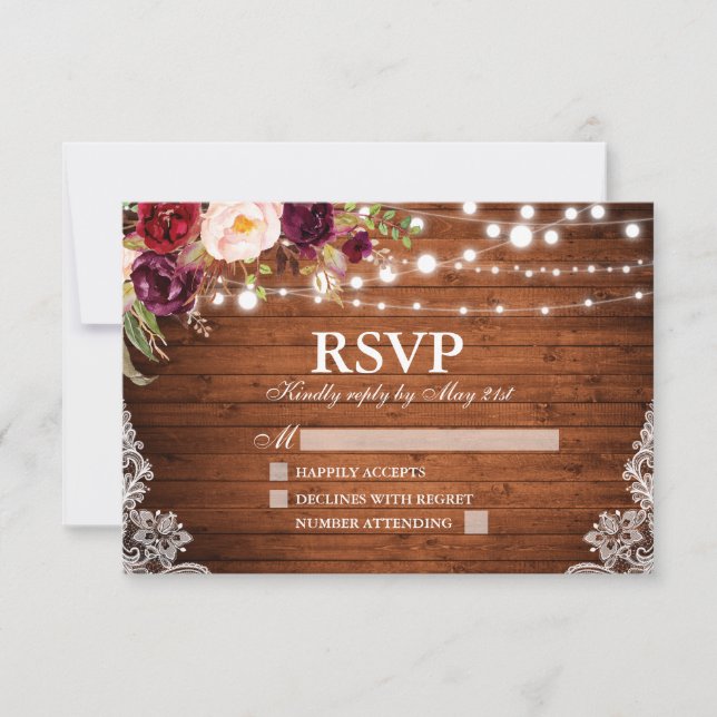 Cartons Réponse Mariage floral en dentelle de bois rustique (Devant)
