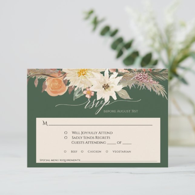 Cartons Réponse Mariage Floral Forest Vert Pampas Bohème Automne (Debout devant)