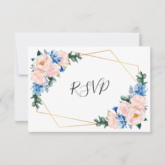 Cartons Réponse Mariage floral géométrique bleu foncé rose (Devant)