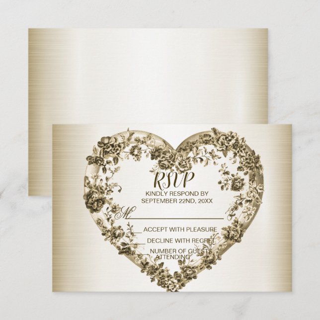 Cartons Réponse Mariage Floral Golden Ornate Heart Frame Élégant (Devant / Derrière)