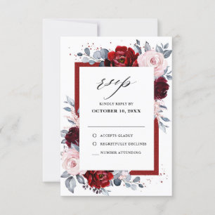 Cartons Réponse Mariage Floral Imprimé Vin Rouge Bleu Poussiéreux 