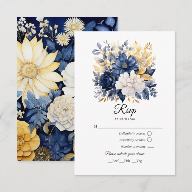 Cartons Réponse Mariage floral marine, blanc et or (Devant / Derrière)