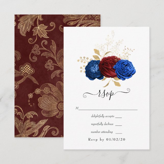 Cartons Réponse Mariage floral marine, rouge et or (Devant / Derrière)