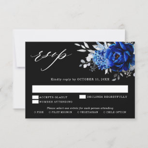 Cartons Réponse Mariage floral métallisé bleu royal blanc argent R