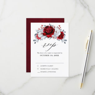 Cartons Réponse Mariage Floral Métallisé Rouge Royal Blanc Argent
