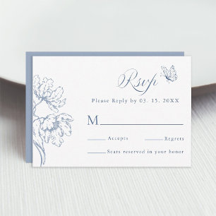 Cartons Réponse Mariage Floral Moderne Bleu Poussiéreux Classique
