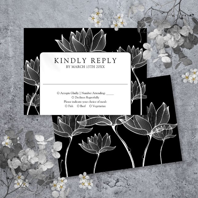 Cartons Réponse Mariage Floral Moderne Botanique Noir Et Blanc (Black And White Modern Botanical Floral Wedding RSVP Card)