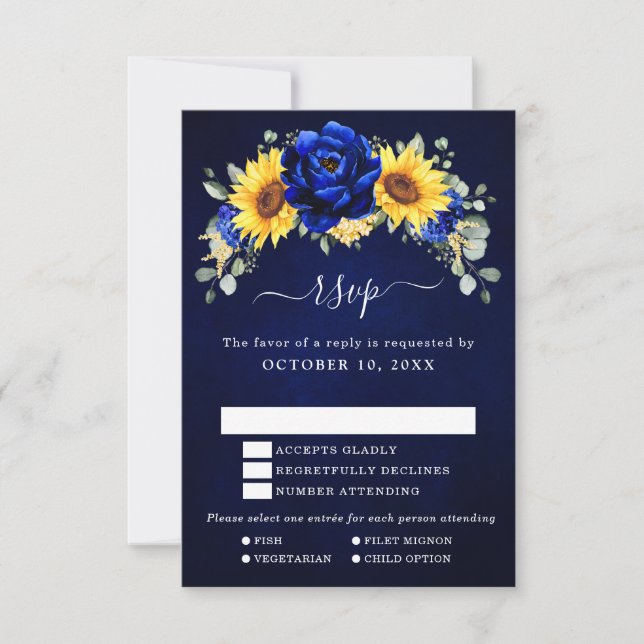 Cartons Réponse Mariage Floral Moderne Rustique Tournesol Bleu Roy (Devant)