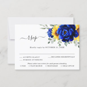Cartons Réponse Mariage Floral Moderne Tournesol Rustique Bleu Roy