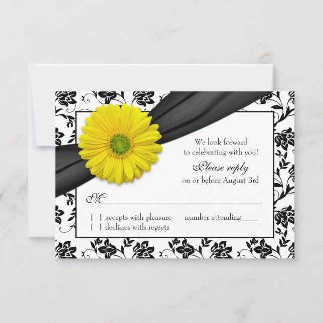 Cartons Réponse Mariage floral noir blanc marron jaune marguerite  (Devant)