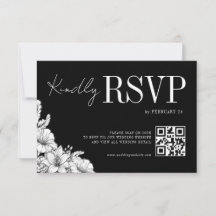 Mariage Floral Noir Blanc Rustique QR Monogramme
