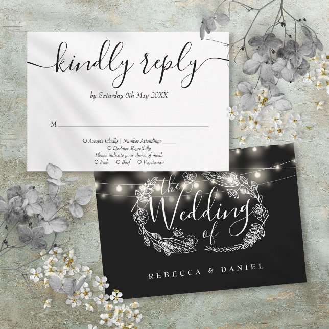 Cartons Réponse Mariage Floral Noir Et Blanc (Black And White String Lights Floral Wedding RSVP Card)