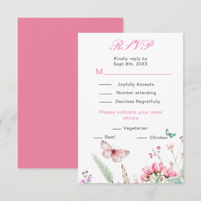 Cartons Réponse Mariage floral papillon rose de printemps (Devant / Derrière)