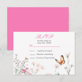 Cartons Réponse Mariage Floral Papillon Rose Foncé de Printemps