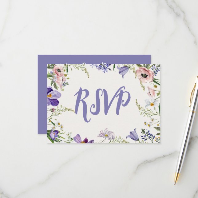 Cartons Réponse Mariage floral pourpre et crème (Devant/Arrière en situation)