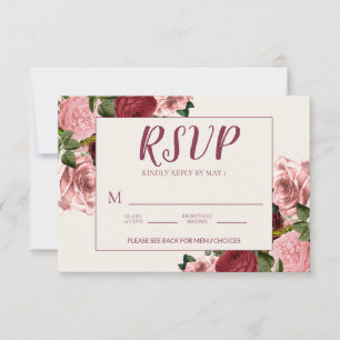 Cartons Réponse Mariage Floral Romantique Bourguignon Rose Tendue