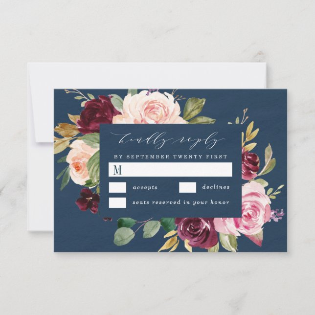 Cartons Réponse Mariage floral rose bleu bleu marine Bourgogne or  (Devant)