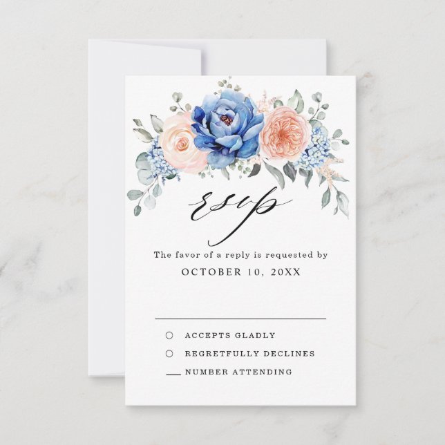 Cartons Réponse Mariage floral rose bleu marine (Devant)