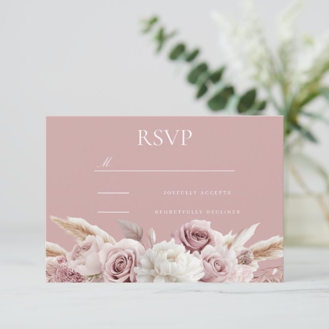 Cartons Réponse Mariage floral rose et blanc Dusty Rose (Debout devant)