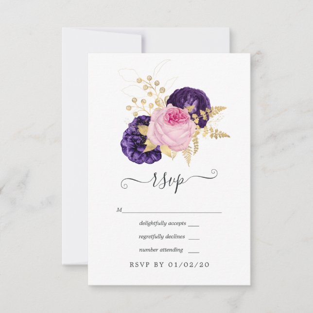 Cartons Réponse Mariage floral rose et violet (Devant)