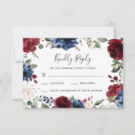 Cartons Réponse Mariage floral rose rose bleu marine et bordeaux