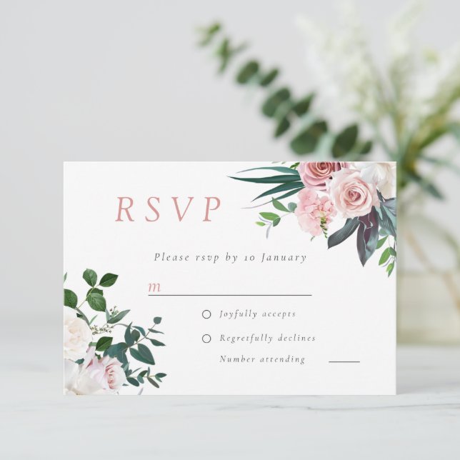 Cartons Réponse Mariage floral rose rose pâle Rose (Debout devant)