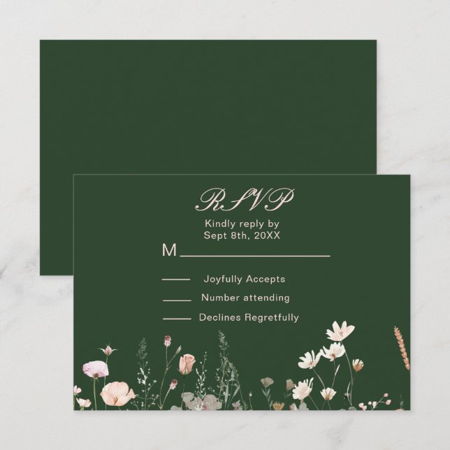 Cartons Réponse Mariage floral rose rose rose fleur sauvage (Devant / Derrière)