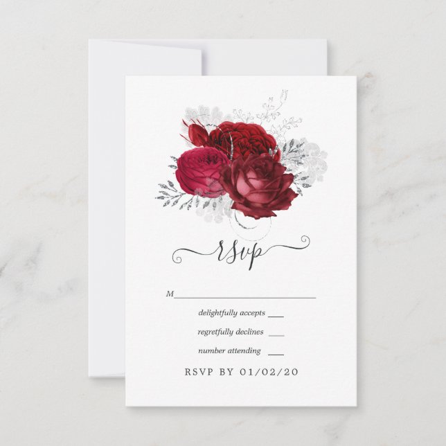 Cartons Réponse Mariage floral rouge et argent (Devant)