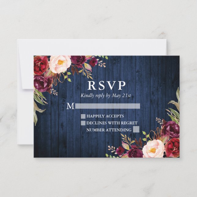 Cartons Réponse Mariage floral rustique en bois bleu bordeaux (Devant)