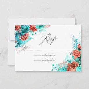 Cartons Réponse Mariage Floral Rustique Turquoise et Corail