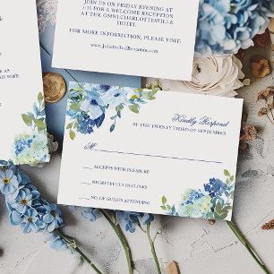 Cartons Réponse Mariage floral simple Elegant bleu marine bleu ble