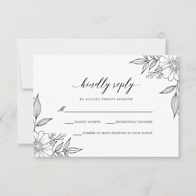 Cartons Réponse Mariage floral simple et délicat noir (Devant)