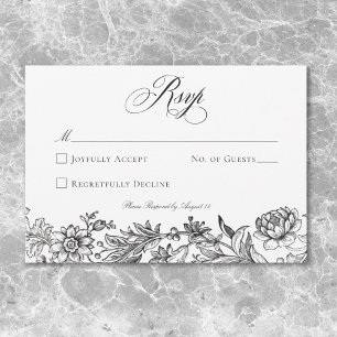 Cartons Réponse Mariage Floral Tissu Ancien Noir et Blanc