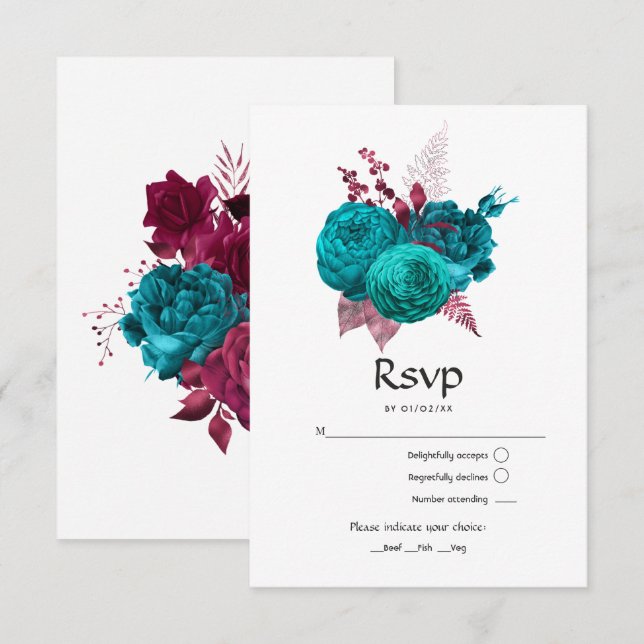 Cartons Réponse Mariage floral turquoise et bourguignonne (Devant / Derrière)