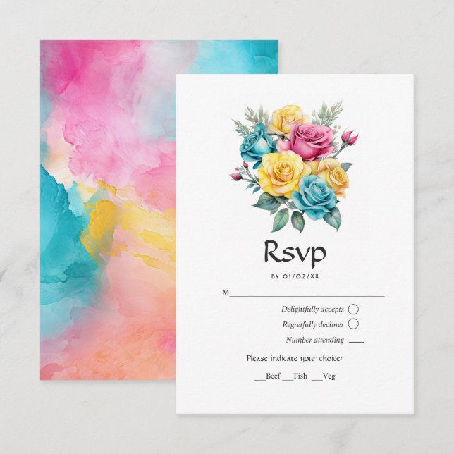 Cartons Réponse Mariage floral turquoise, jaune et rose (Devant / Derrière)